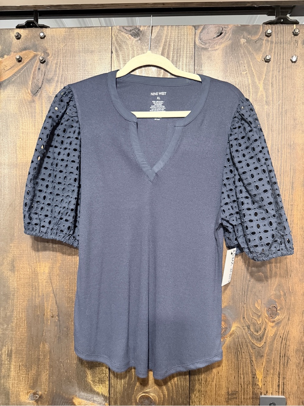Nine West Navy Eyelet Puff Sleeve V-Notch Top